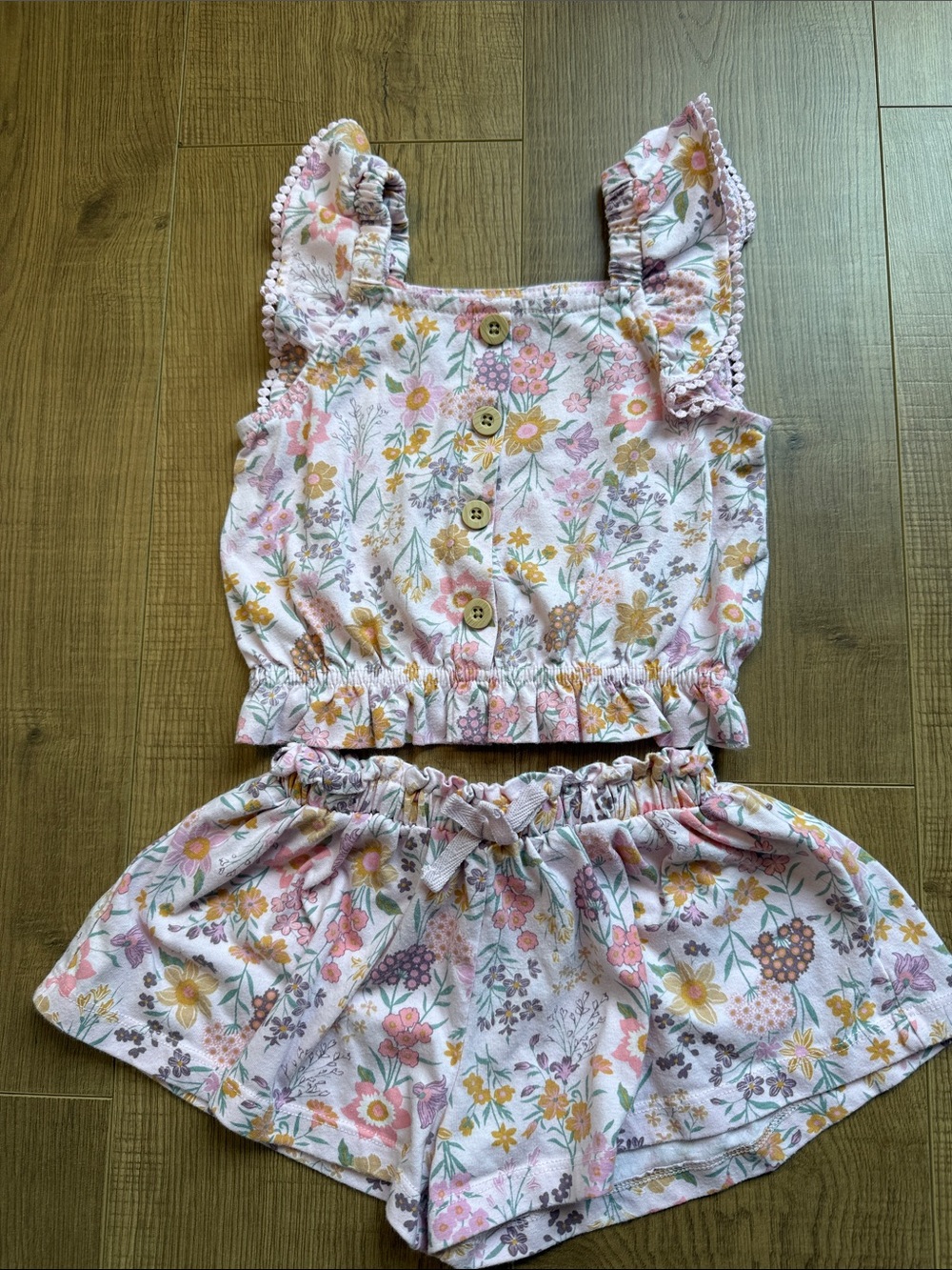 Girls kids pink floral shorts and ruffle top set